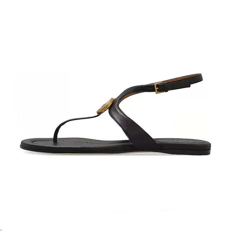 Gucci Women GG Thong Anklet Flat Leather Sandals-Black