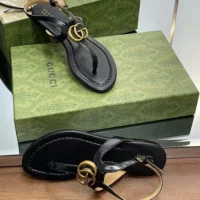 Gucci Women GG Thong Anklet Flat Leather Sandals-Black (1)