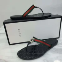 Gucci Women Web Thong Sandals in Leather-Black (1)