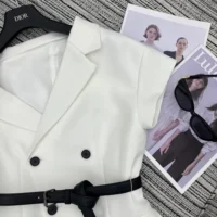 Dior Women Asymmetric Short-Sleeved Jacket with Belt Ecru Virgin Wool and Silk Grain de Poudre (1)