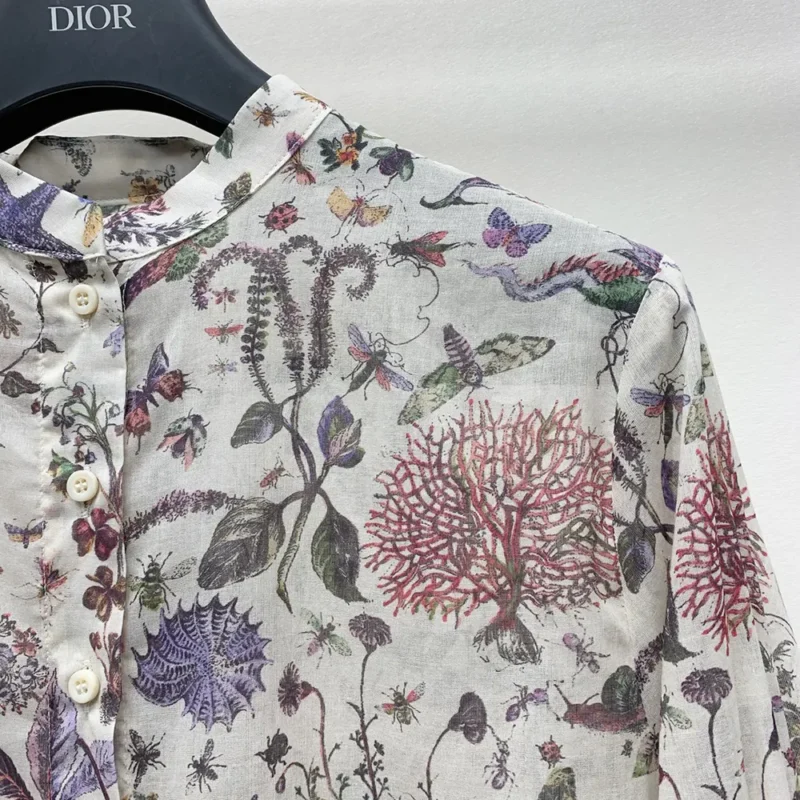 Dior Women Long Blouse White Cotton Muslin with Multicolor Dior Cabinet de Curiosités Motif