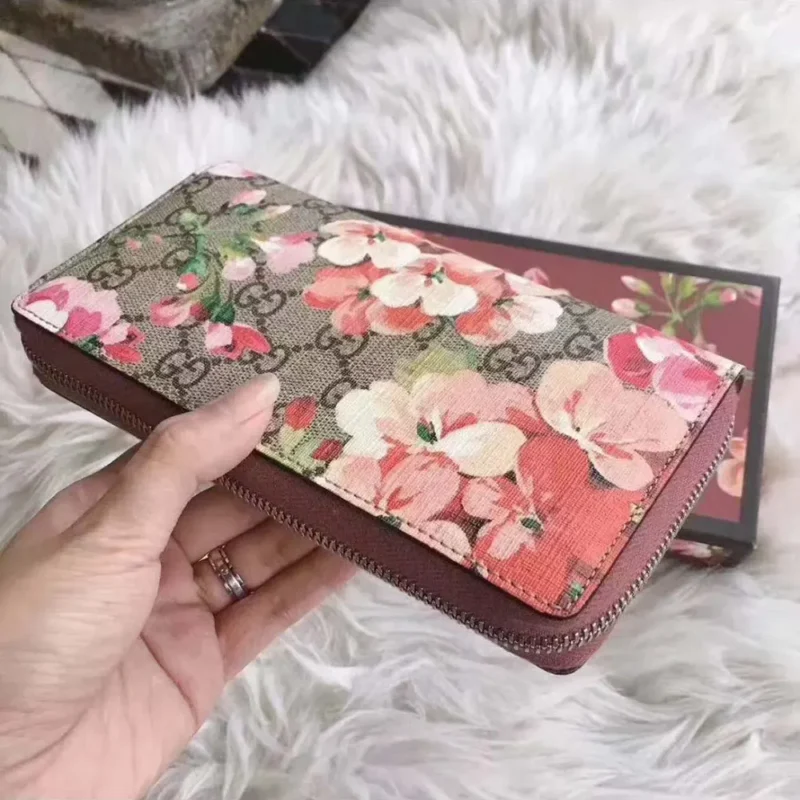 Gucci Unisex GG Blooms Long Wallet Floral Flower Round Zipper-Pink